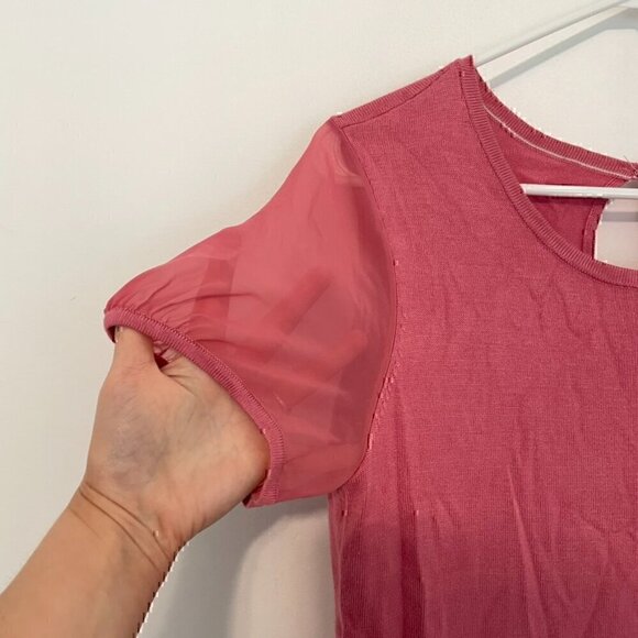 WHITE HOUSE BLACK MARKET WHBM Woven Short Sleeve Top Pink Mixed Media Knit Work - Picture 8 of 14